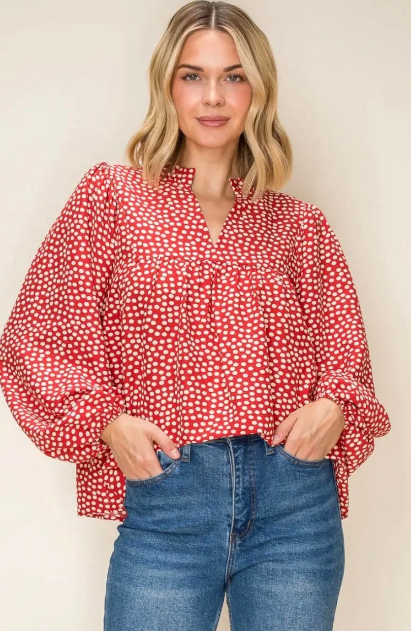 Frilled Neck Oversized Polka Dot Top