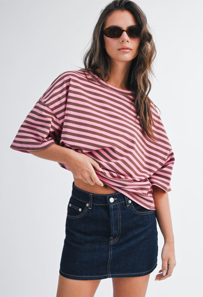Mocha/Pink Stripe Boyfriend Top