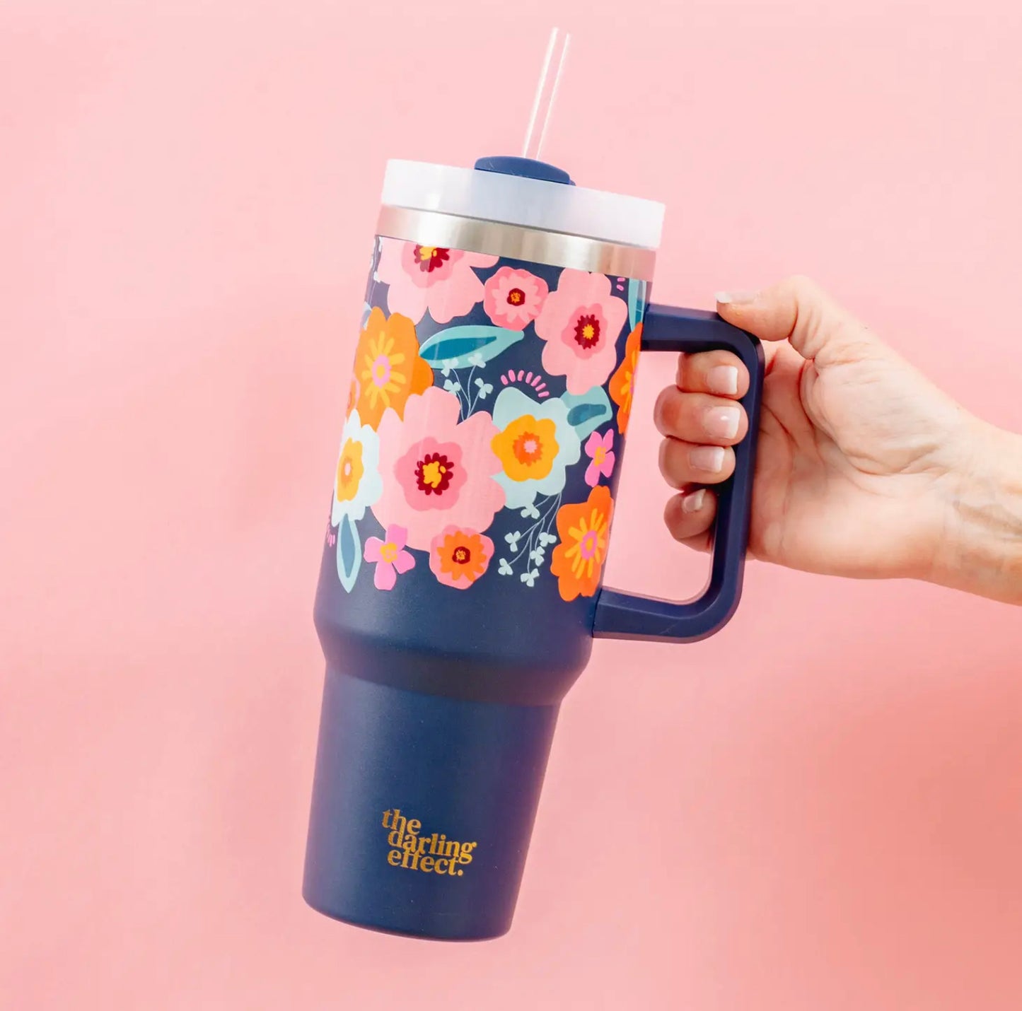 Mama Navy Blue Gold Floral 40 Ounce Handle Stainless Tumbler 