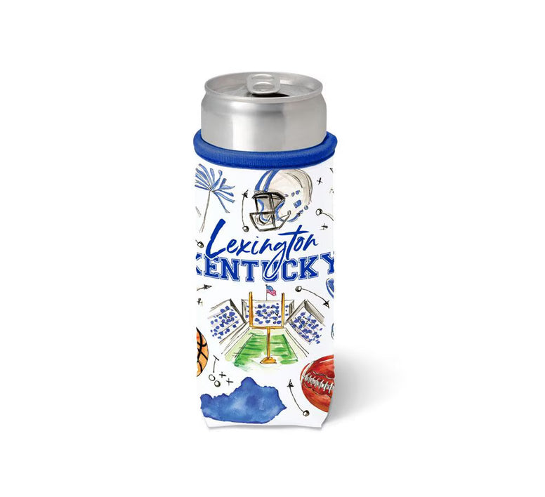A white can cooler sleeve featuring a blue and white watercolor design of the Lexington Kentucky football helmet and stadium, shown on a silver can against a white background.