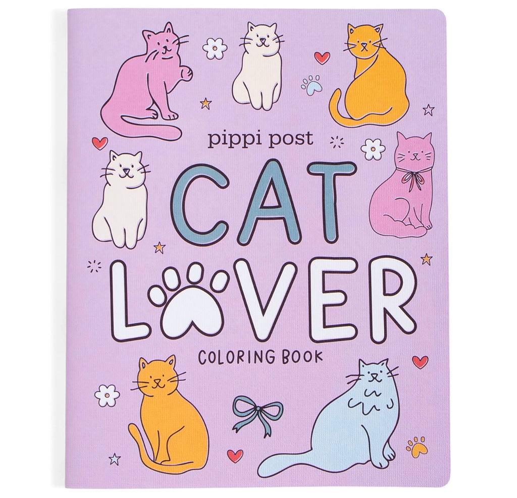 Pippi Post Cat Lover Coloring Book with a lavender cover decorated with various cartoon cats, paw prints, and the title 'CAT LOVER' in large letters.