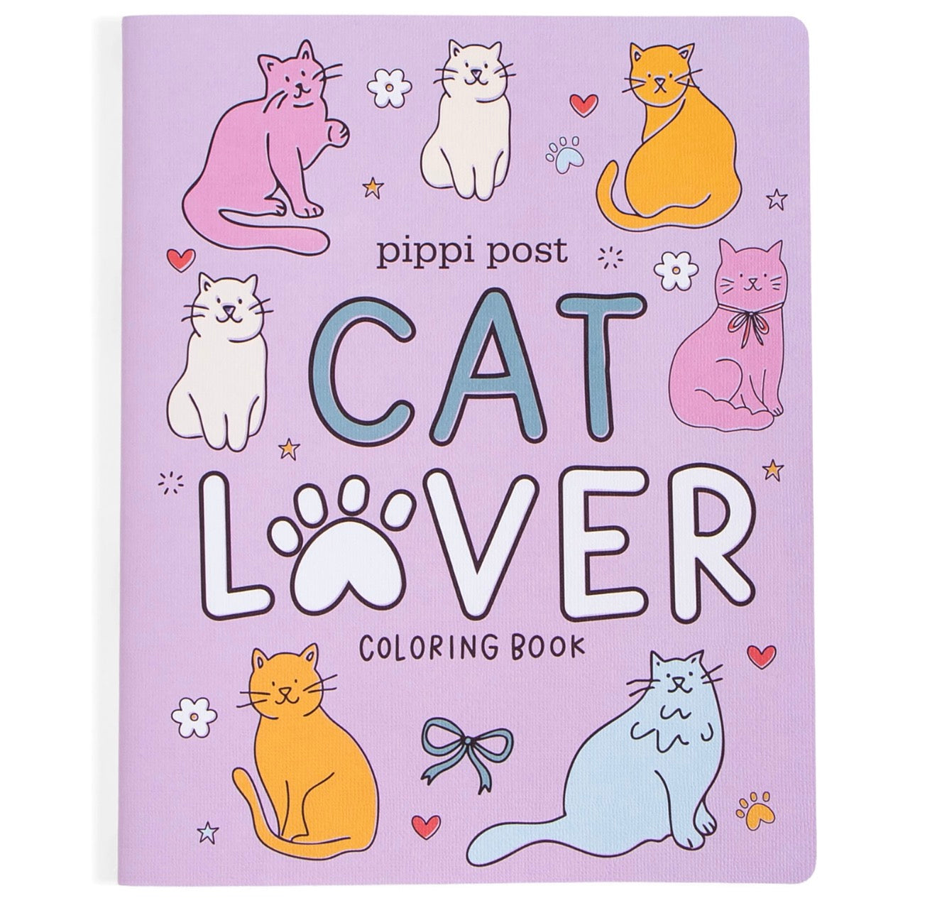 Pippi Post Cat Lover Coloring Book with a lavender cover decorated with various cartoon cats, paw prints, and the title 'CAT LOVER' in large letters.