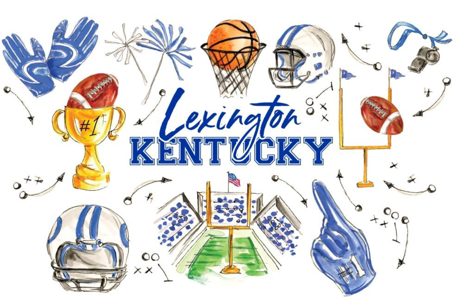 Watercolor-style Lexington Kentucky sports graphic with blue and white football helmets, a gold trophy, a basketball in a net, a football, a goalpost, pom-pom graphics, and the text 'Lexington Kentucky' on a white background.
