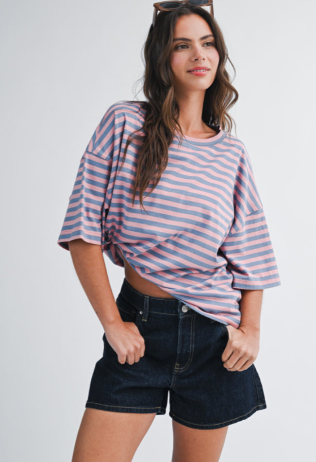 Dusty Blue/Mauve Stripe Boyfriend Top