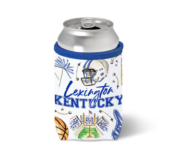 A white can cooler sleeve with blue and multicolor hand-drawn illustrations of sports and the text 'Lexington Kentucky', shown on a silver aluminum can against a white background.