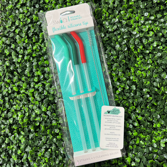 Mint/Green/Red Swig Flexible Silicone Tip Reusable Straw Set