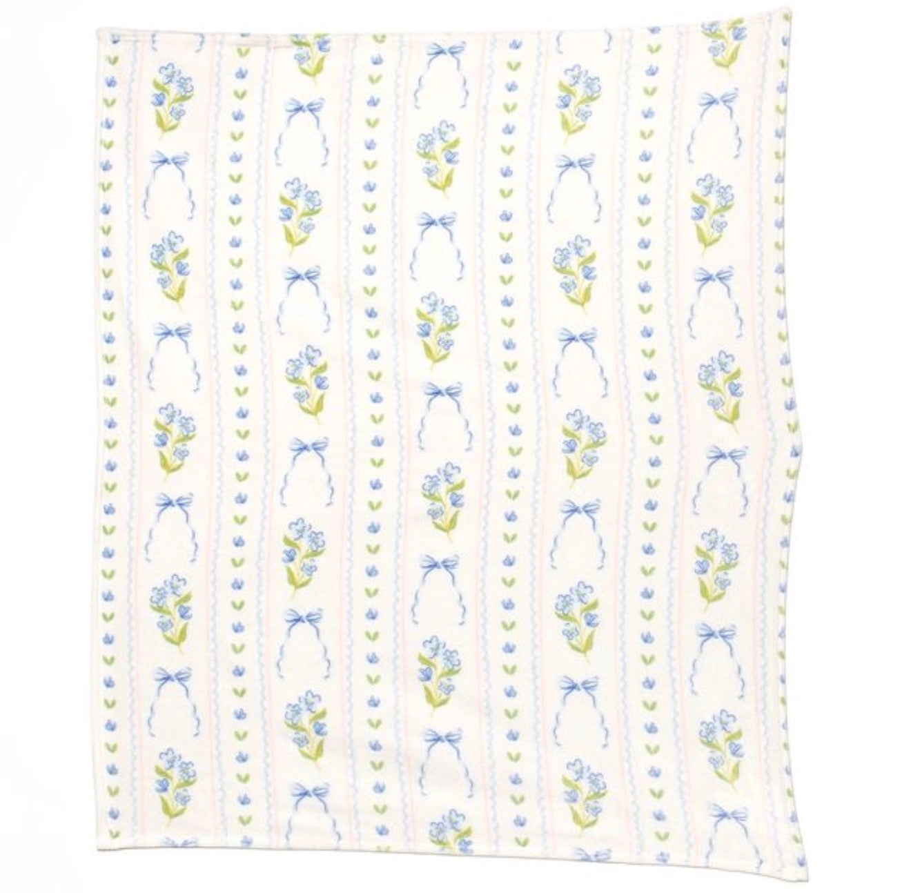 A square white fabric blanket featuring a vertical striped pattern with blue ribbon bows, small blue flowers, and green leaves.