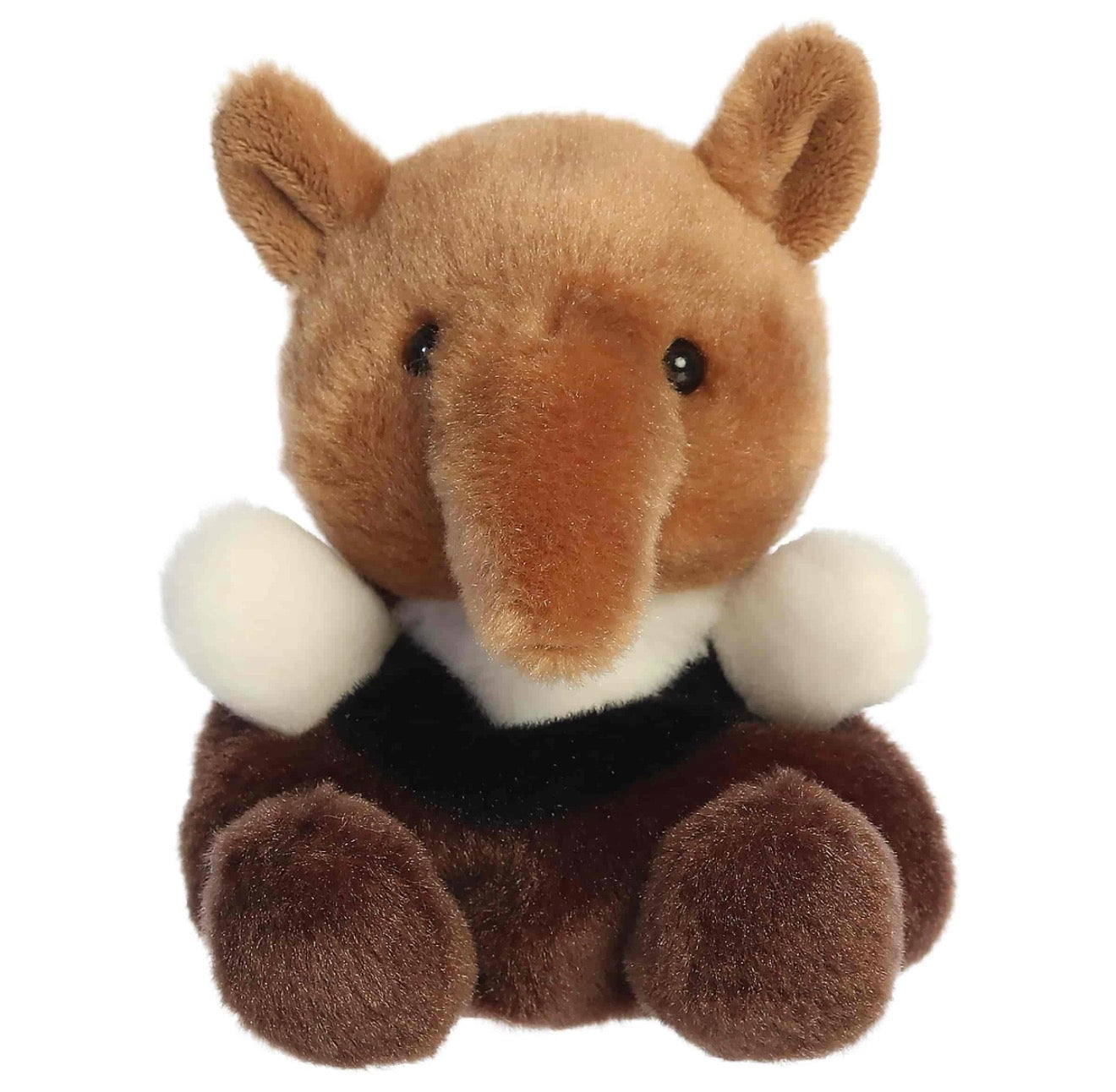 A plush toy animal with a brown furry body, small rounded ears, black bead eyes, a long snout, white fluffy arms, and a black-and-white outfit, photographed on a plain white background.
