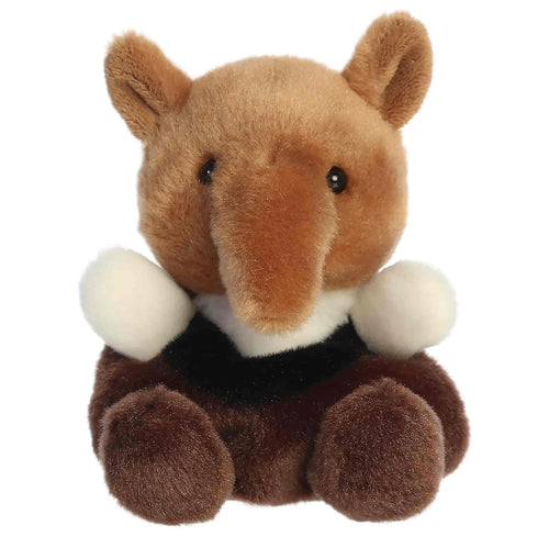 A plush toy animal with a brown furry body, small rounded ears, black bead eyes, a long snout, white fluffy arms, and a black-and-white outfit, photographed on a plain white background.