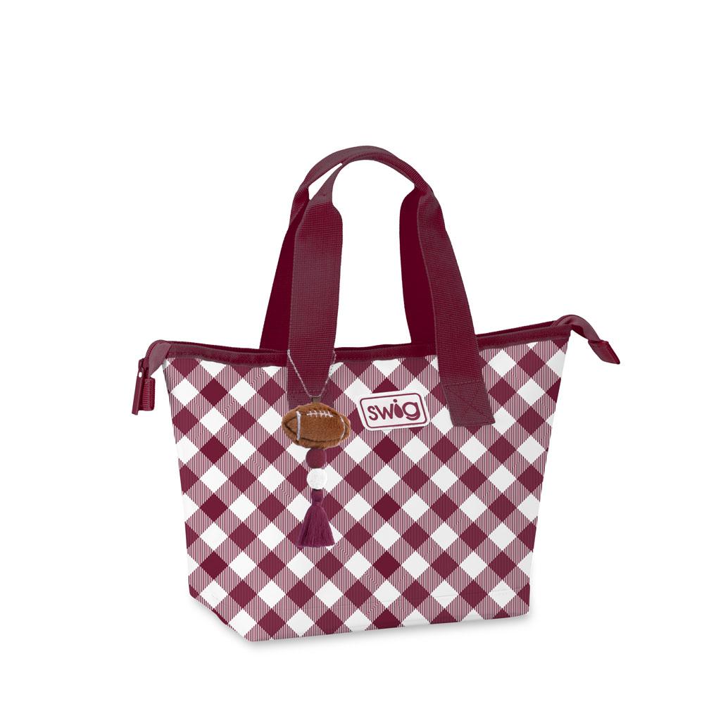 Maroon and white gingham lunch box on a white background.