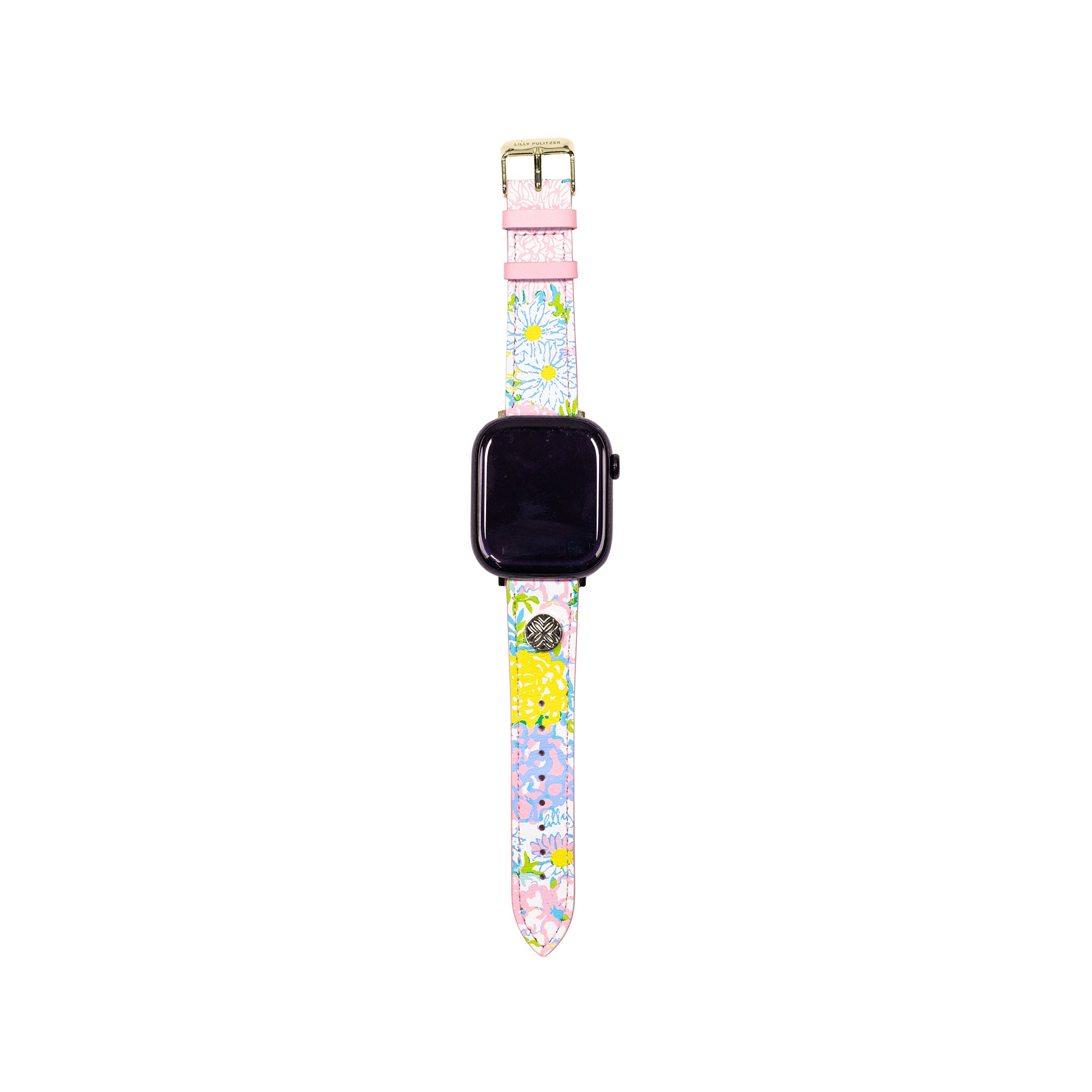 Floral patterned watch band on a white background.