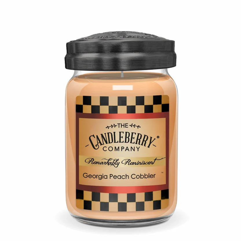 A jar candle with a black lid, labeled 'Georgia Peach Cobbler' from The Candleberry Company.