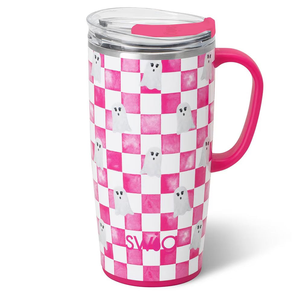 A pink and white checkered travel tumbler with ghost illustrations and a bright pink handle, shown on a clean white background.