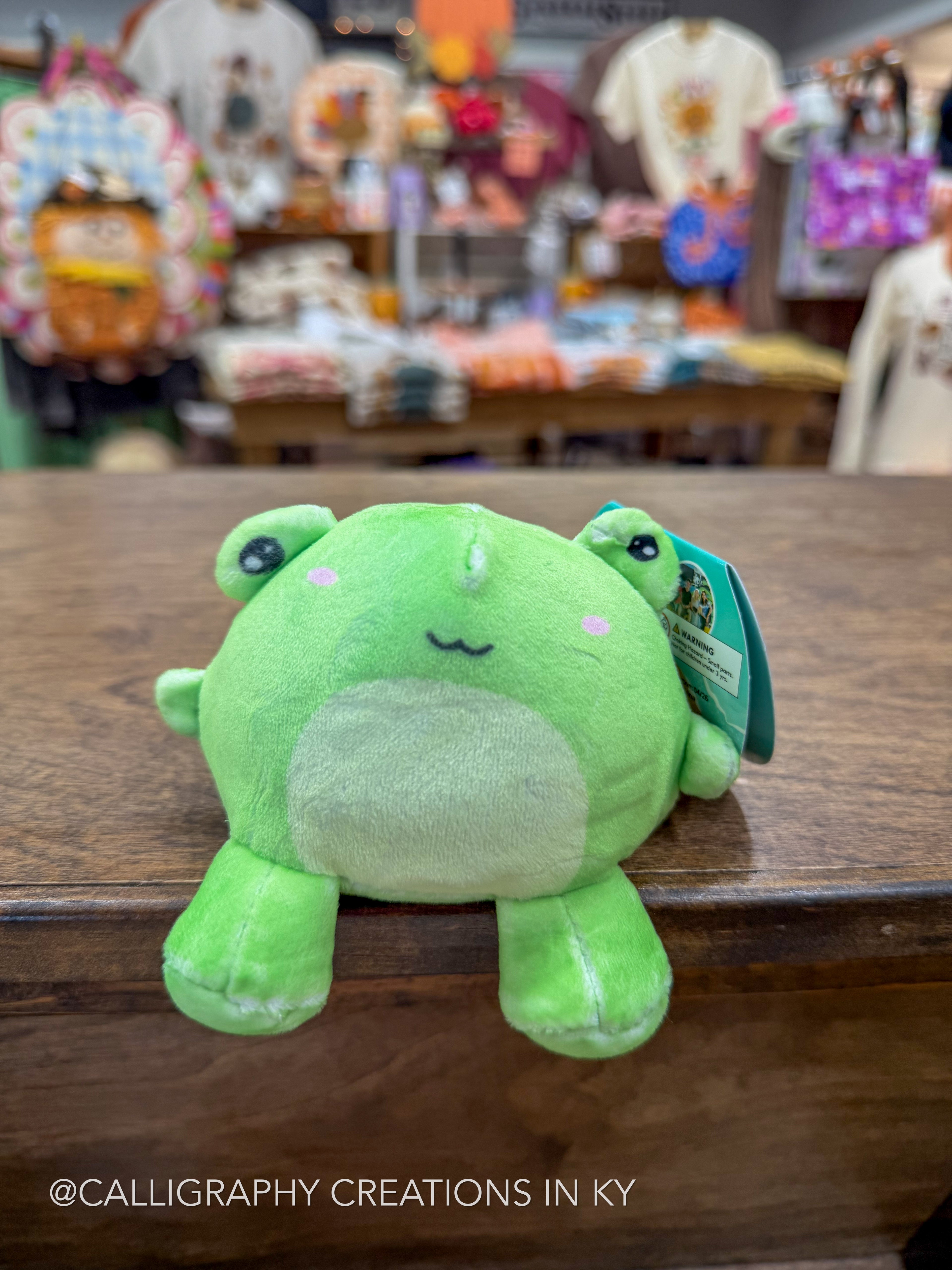 A green plush frog toy with a light green belly, embroidered facial features, and a dark green hangtag, sitting on a wooden table in a store with blurred merchandise in the background.