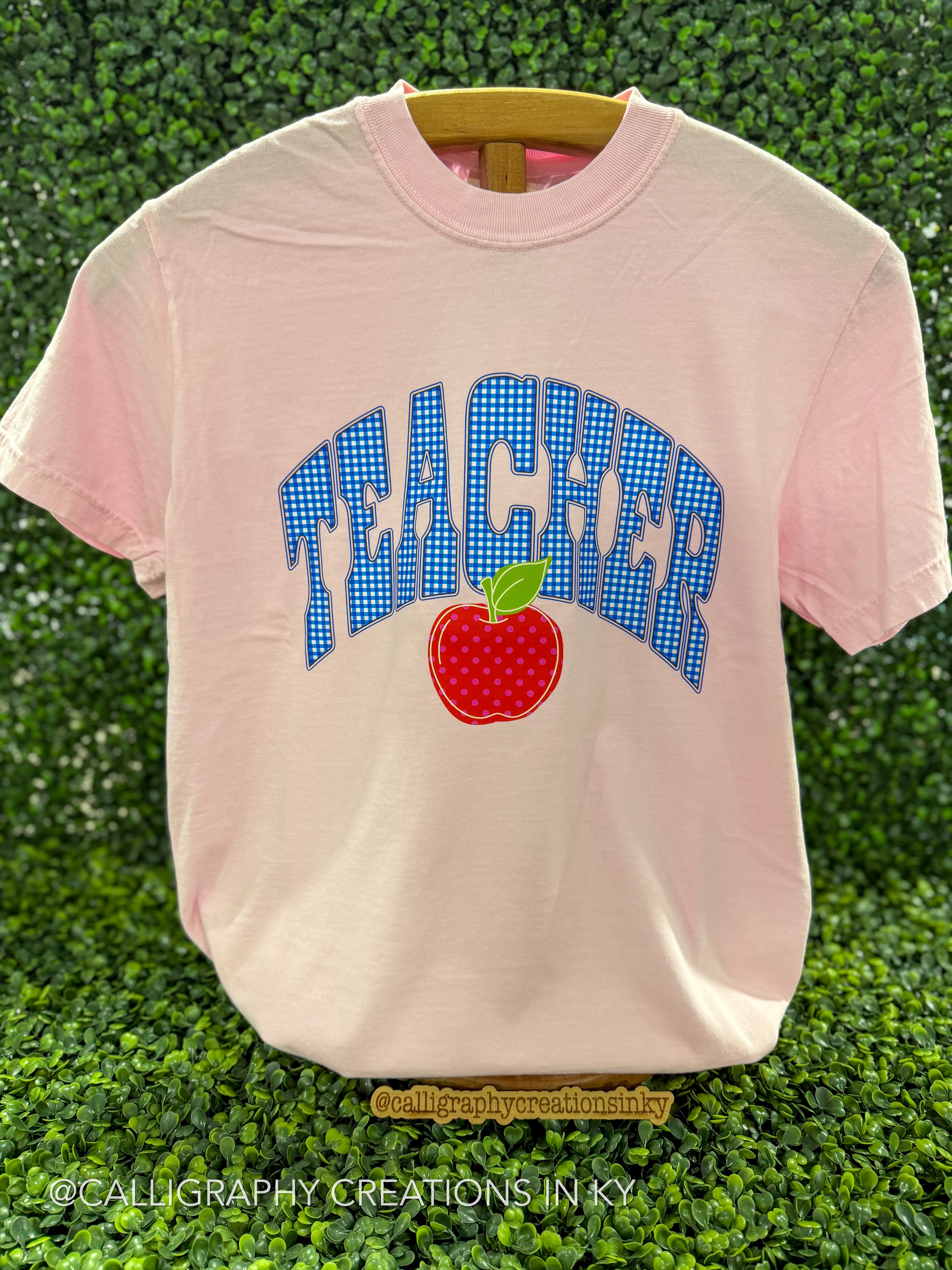 A light pink short-sleeve t-shirt hanging on a wooden hanger against a green hedge background. The shirt features a graphic design with the word 'TEACHER' in blue dotted block letters and a red apple with a green leaf below it.