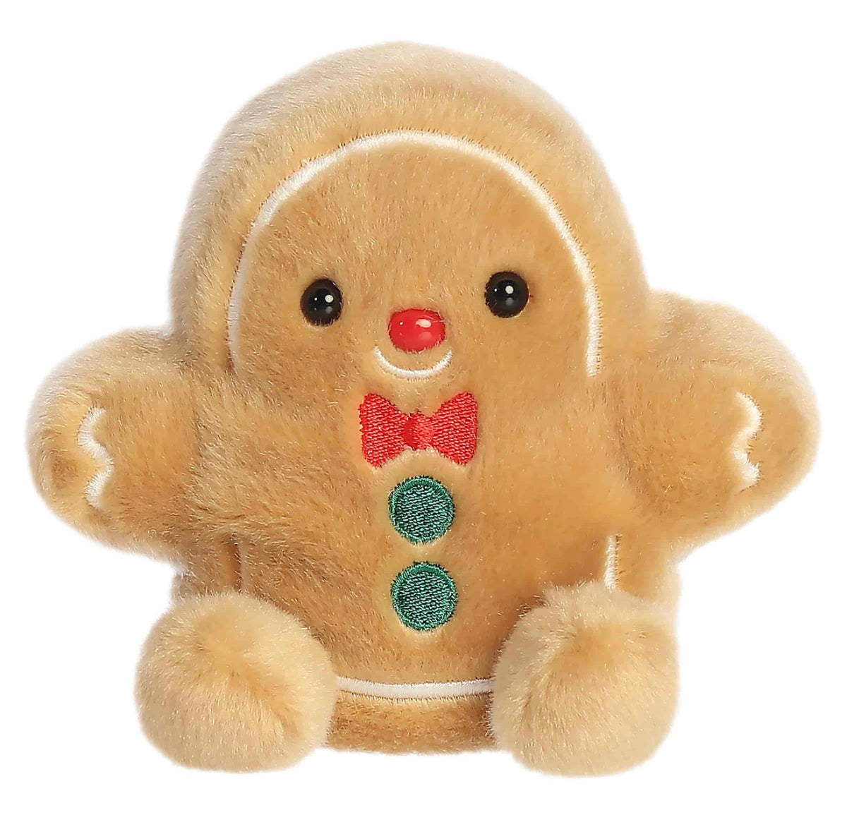 A plush gingerbread man toy in light tan with white icing details, a red nose, a red bow tie, and green buttons, shown on a plain white background.