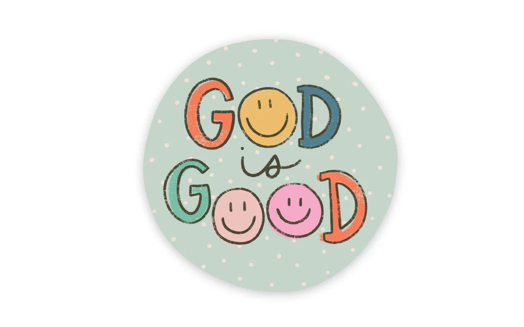 Circular sticker with 'God is Good' text and smiley faces on a light green background