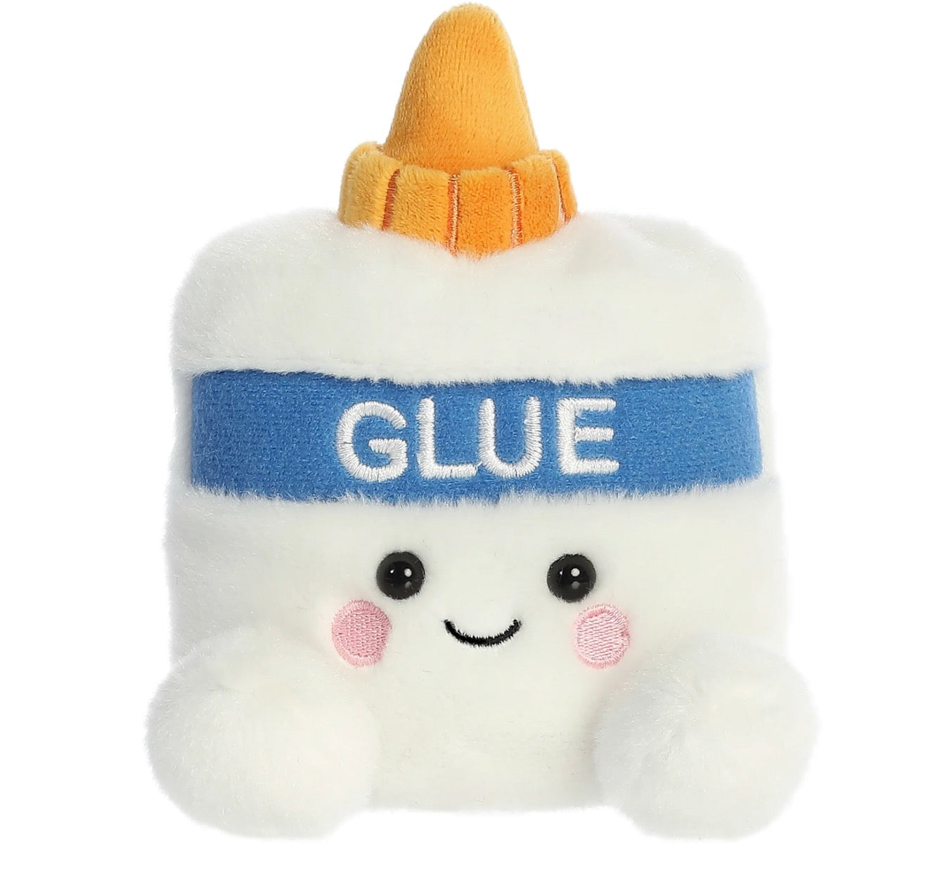 A cute, white plush toy shaped like a glue bottle, featuring a blue band with the word 'GLUE' in white, a yellow-orange pointed top, and a smiling face with pink cheeks.