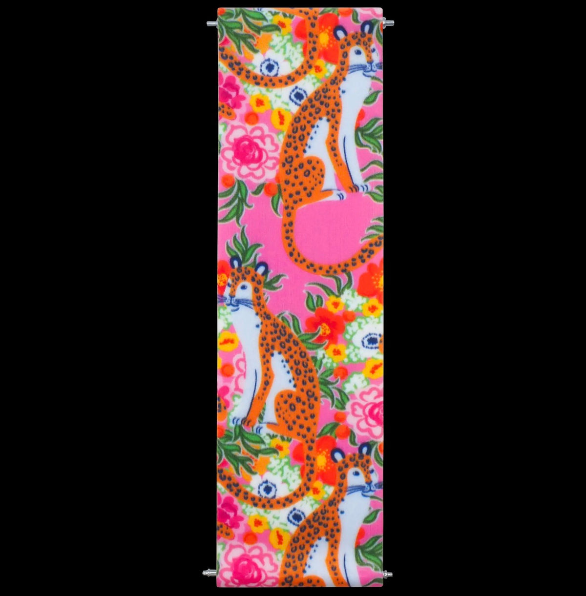A vertical love handle pro strap featuring a vibrant, colorful print of leopards, flowers, and green leaves on a bright pink background, shown against a solid black backdrop.