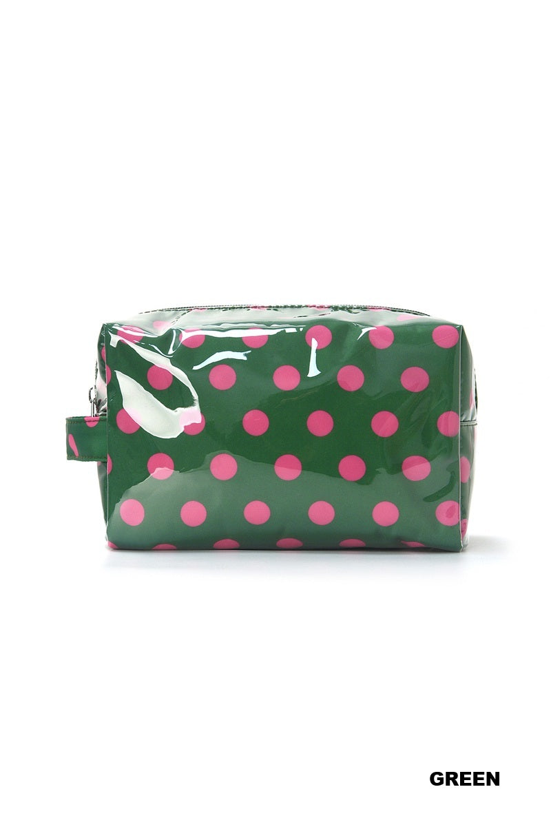 Pink and green polka dot zipper pouch on a white background