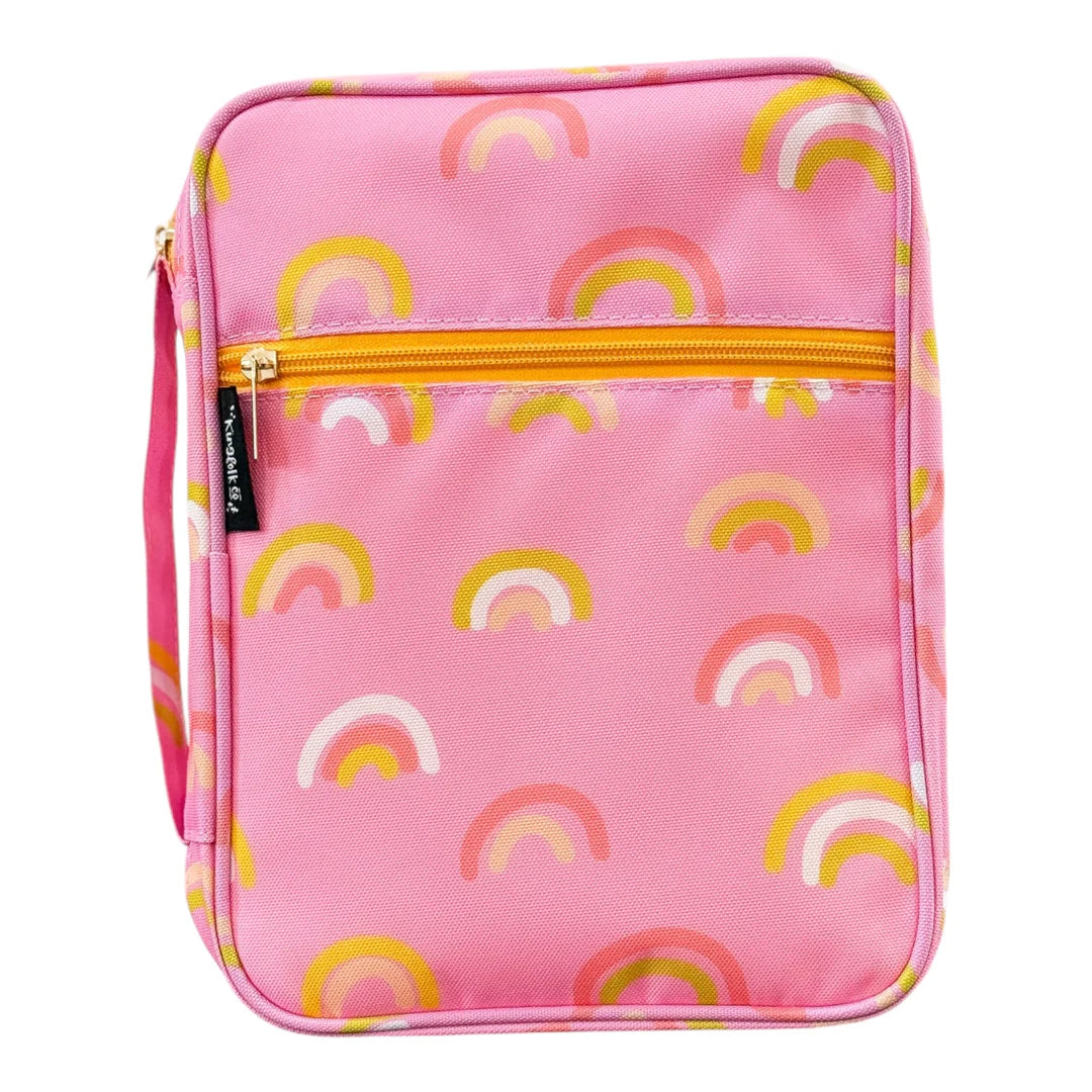 Pink Bible cover with rainbow pattern and gold zipper on a white background