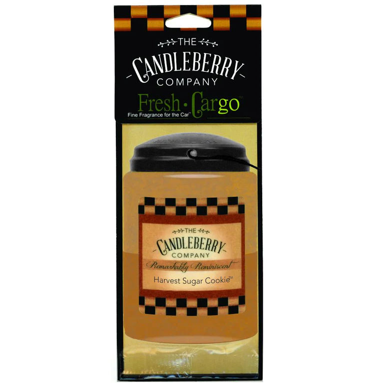 A packaged Candleberry Fresh CarGo air freshener with a Harvest Sugar Cookie scent, hanging type, against a white background.