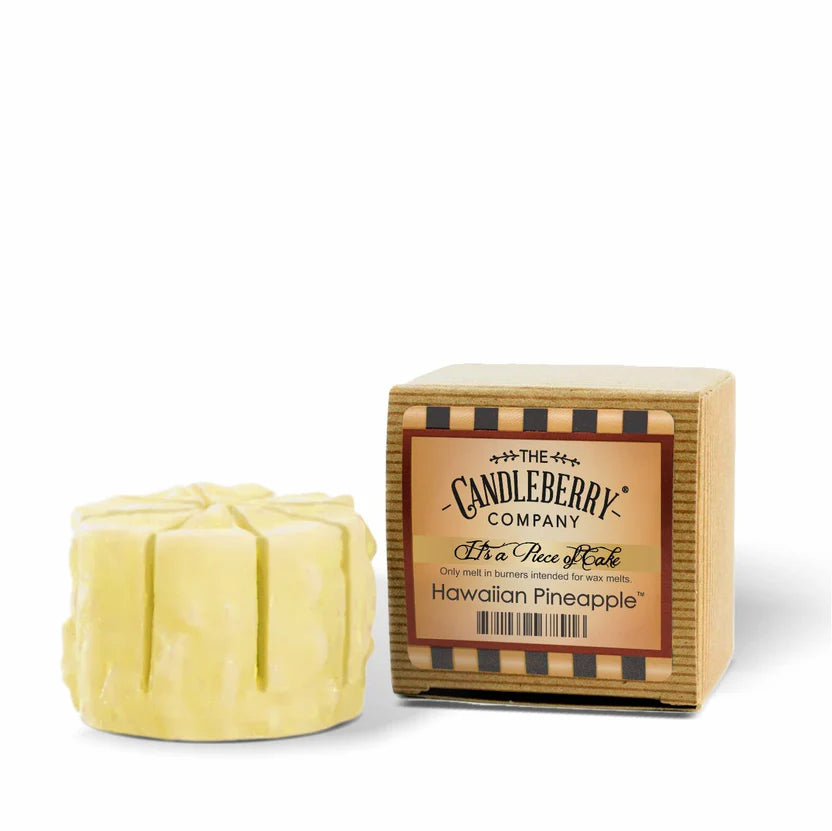 A wax melt titled 'Hawaiian Pineapple' from The Candleberry Company, presented in a square wax form with a beige color, placed in front of its packaging box with matching design and branding.