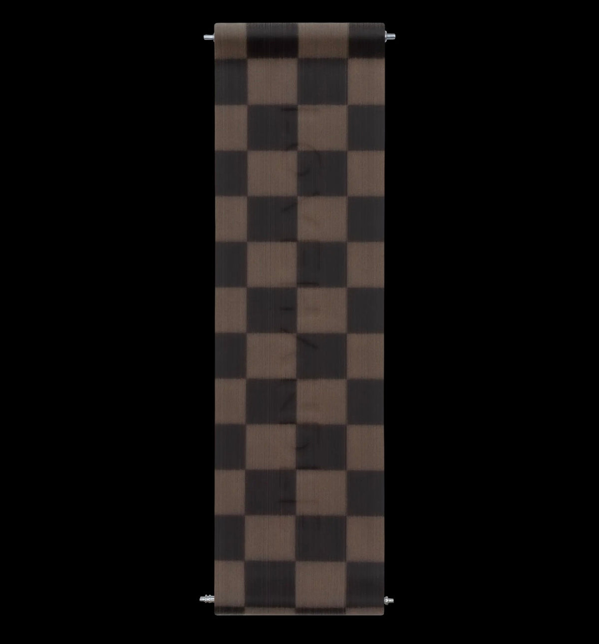A lovehandle pro strap with a brown and black checkered pattern, shown hanging against a solid black background.