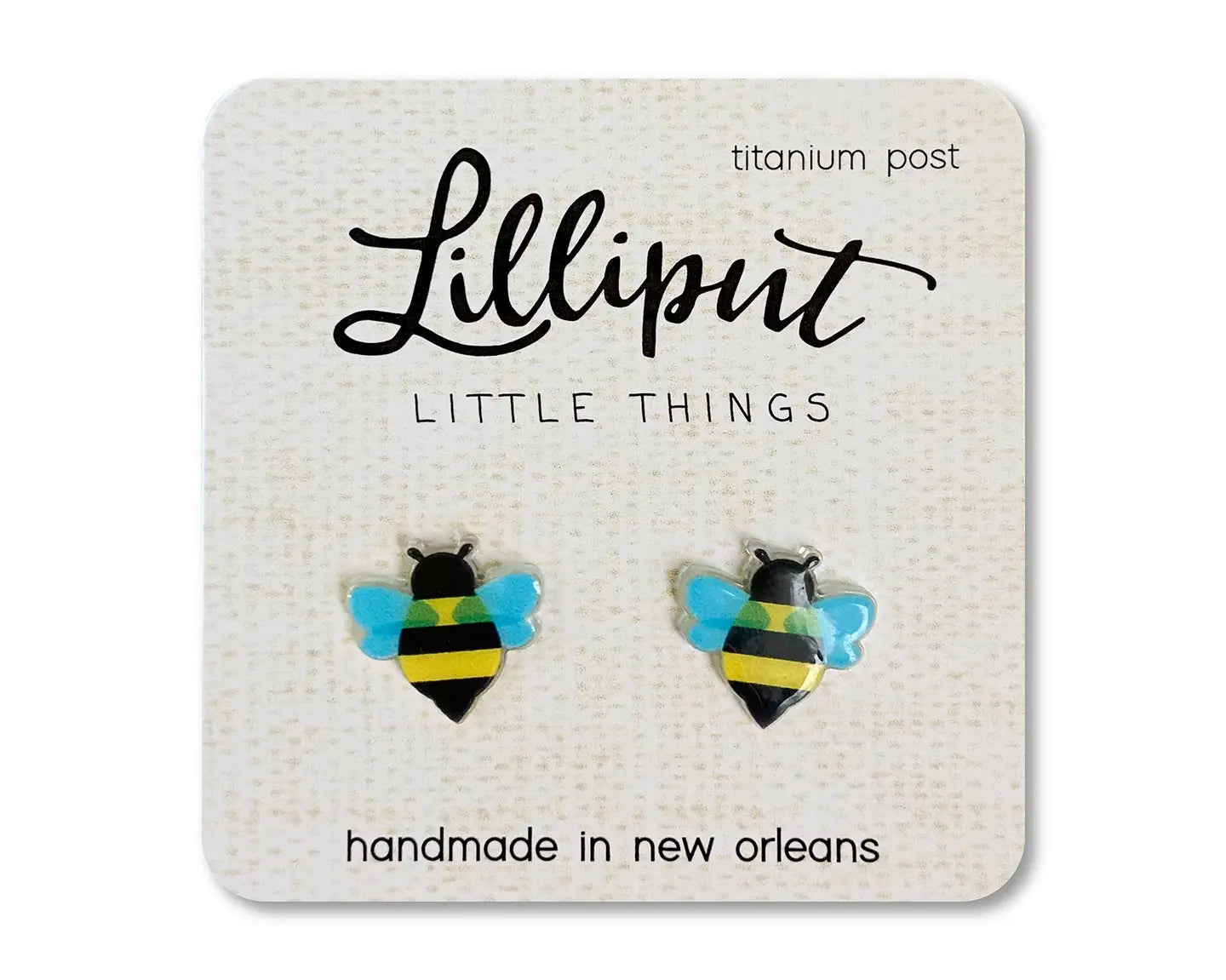 Bee-shaped earrings on a Lilliput Little Things branded card.