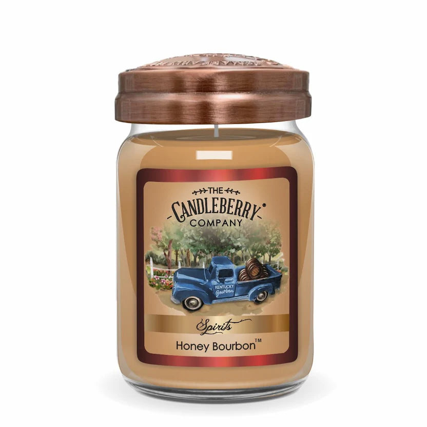 A jar candle with a brown lid, labeled 'Honey Bourbon' from The Candleberry Company, with an illustration of a vintage truck on the label.