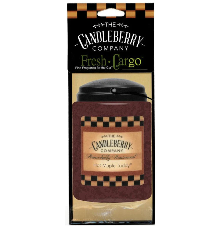 A packaged Candleberry Fresh CarGo car scent with a label reading 'Hot Maple Toddy'. The product is displayed in a clear plastic packaging with a black and yellow checkered design at the top.