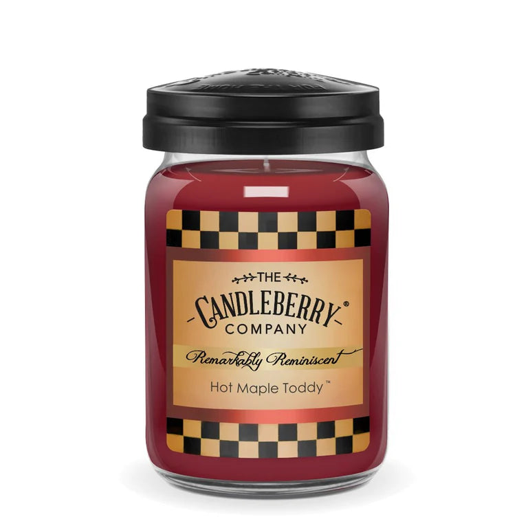 A red jar candle with a black lid, labeled 'Hot Maple Toddy' from The Candleberry Company.