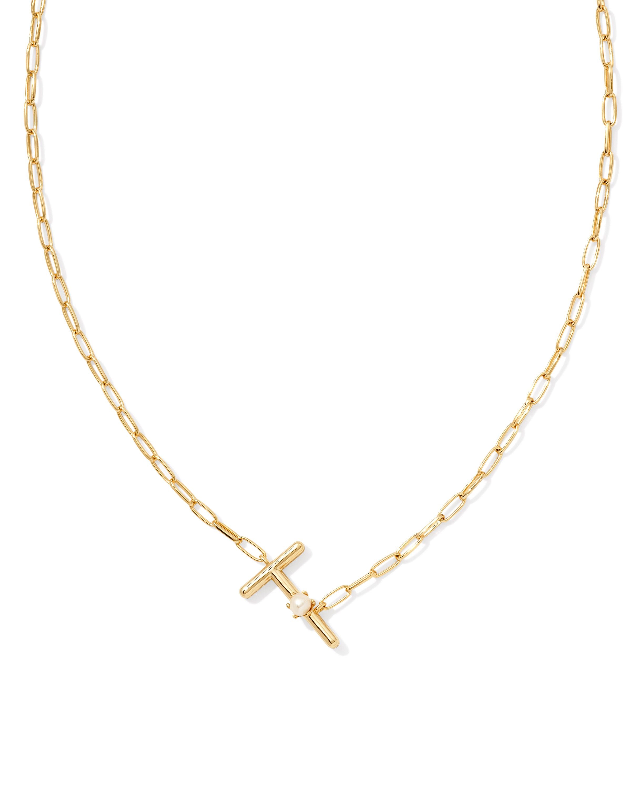 Kendra Scott Pearl Letter T Pendant Necklace- Gold White Pearl