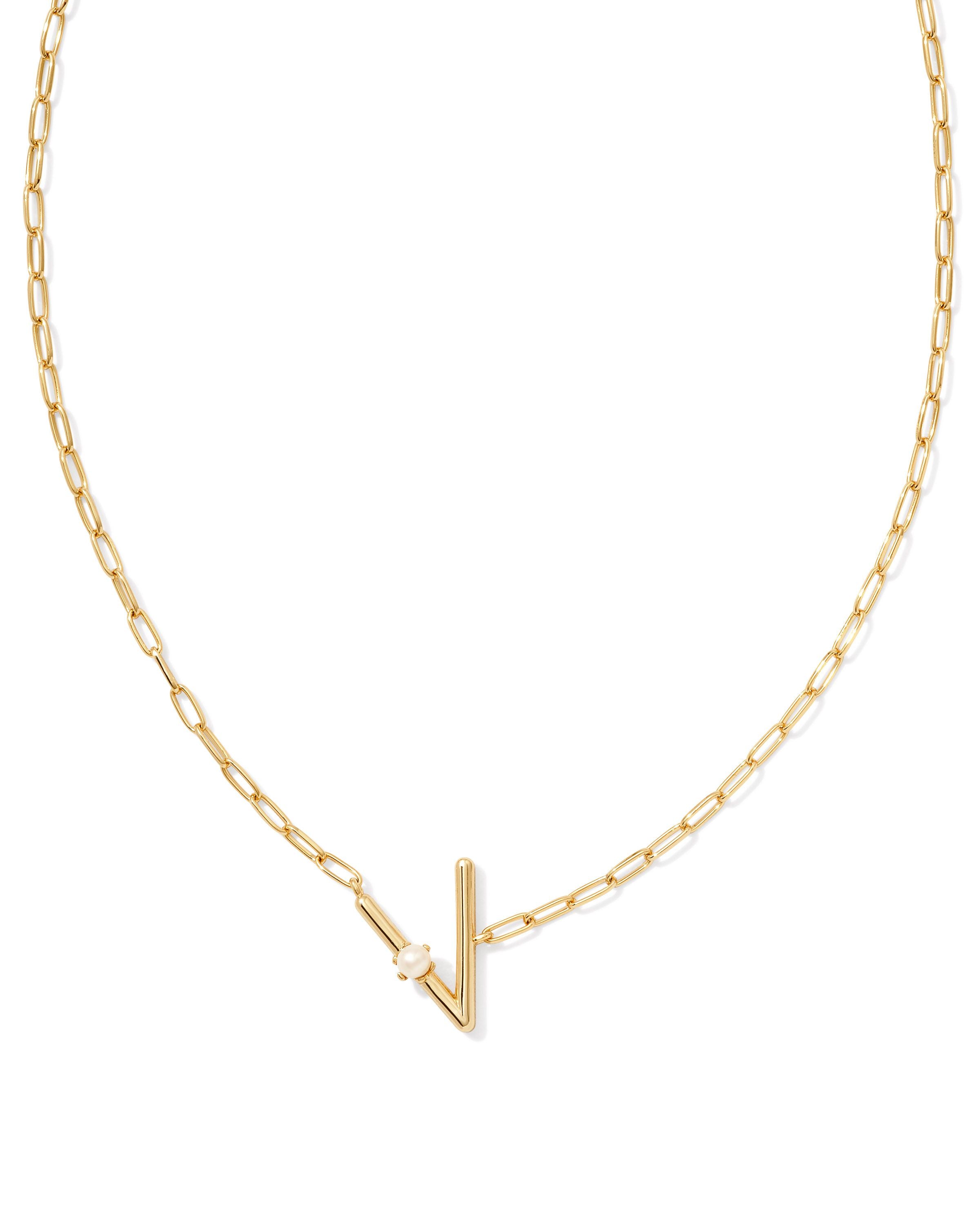 Kendra Scott Pearl Letter V Pendant Necklace- Gold White Pearl