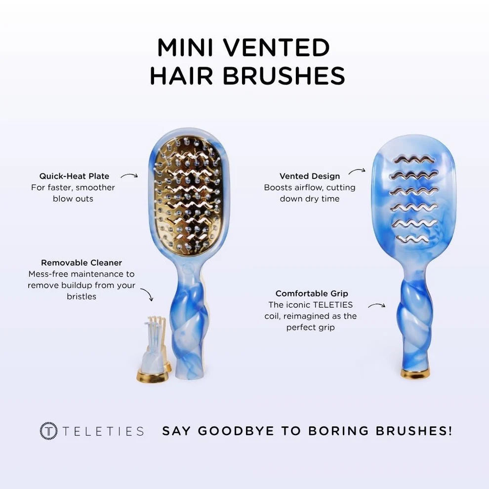 Mini vented hair brushes with features highlighted on a white background