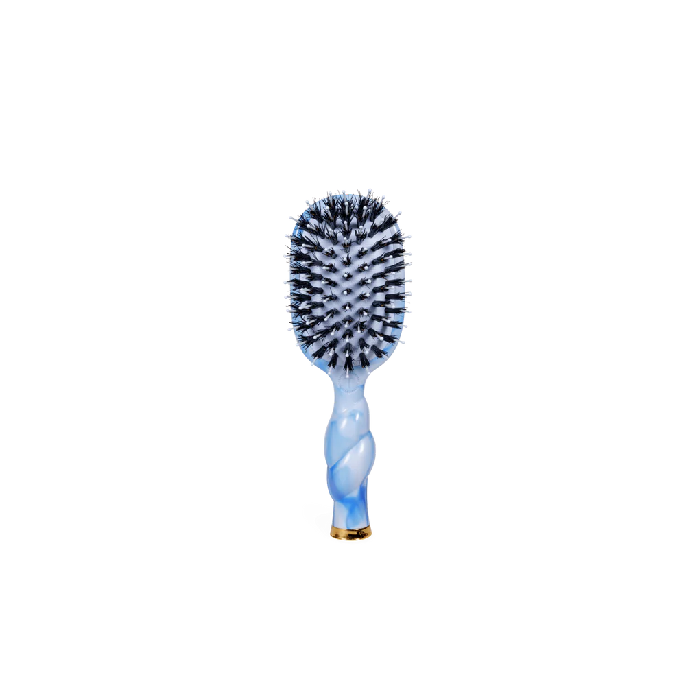 Blue and white hairbrush on a white background