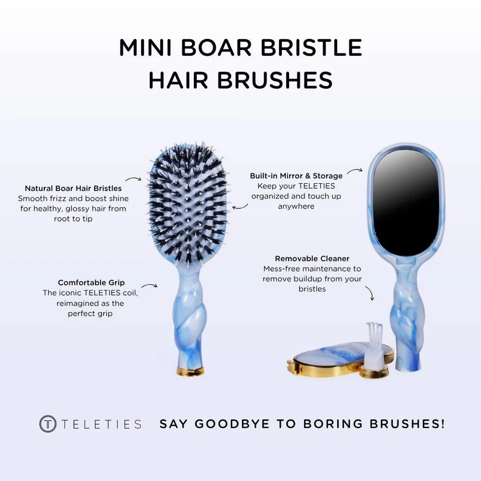 Teleties mini boar bristle hair brush with built-in mirror and storage on a white background