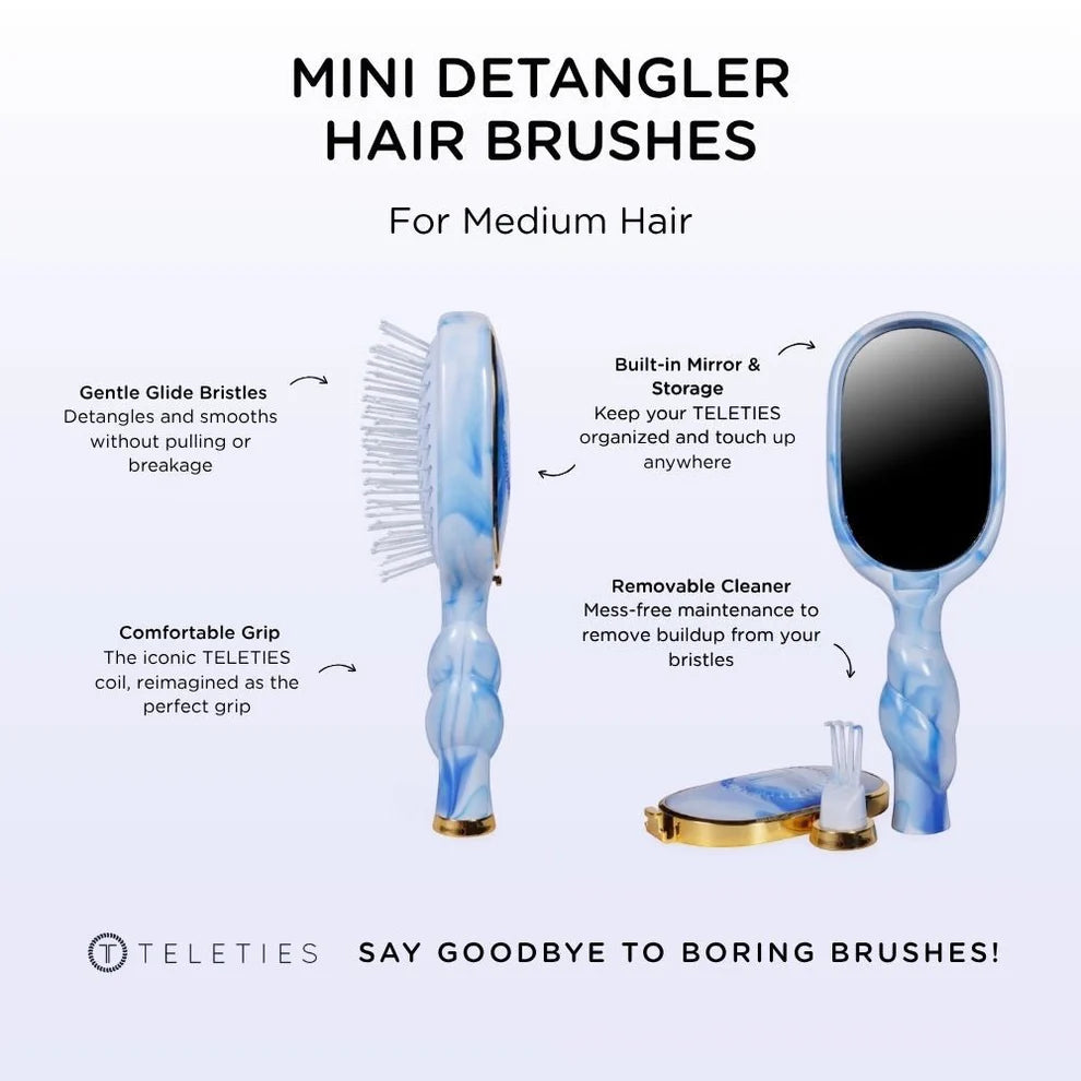 Teleties mini detangler hair brushes with features highlighted on a white background