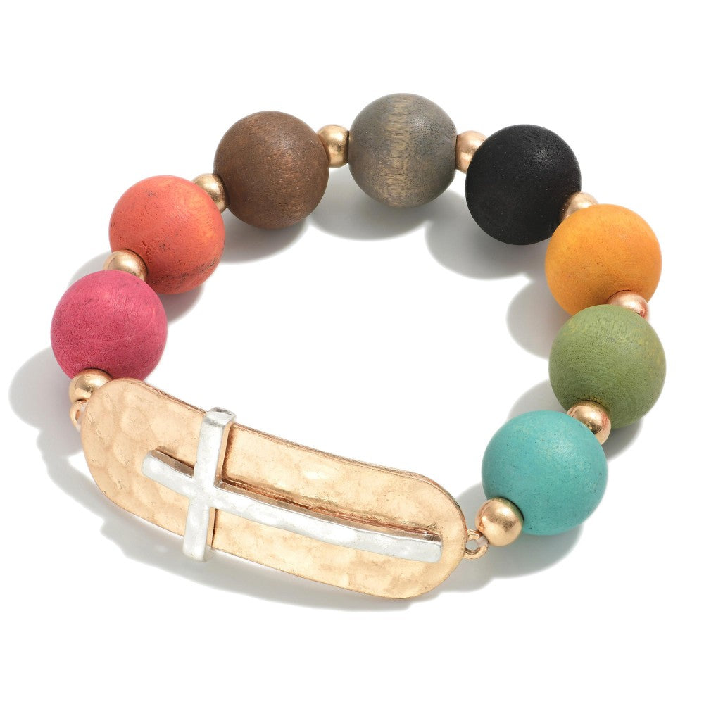 Multi Wooden Bead Cross Bracelet