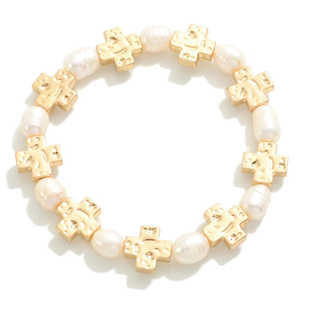Pearly Hammered Cross Bracelet