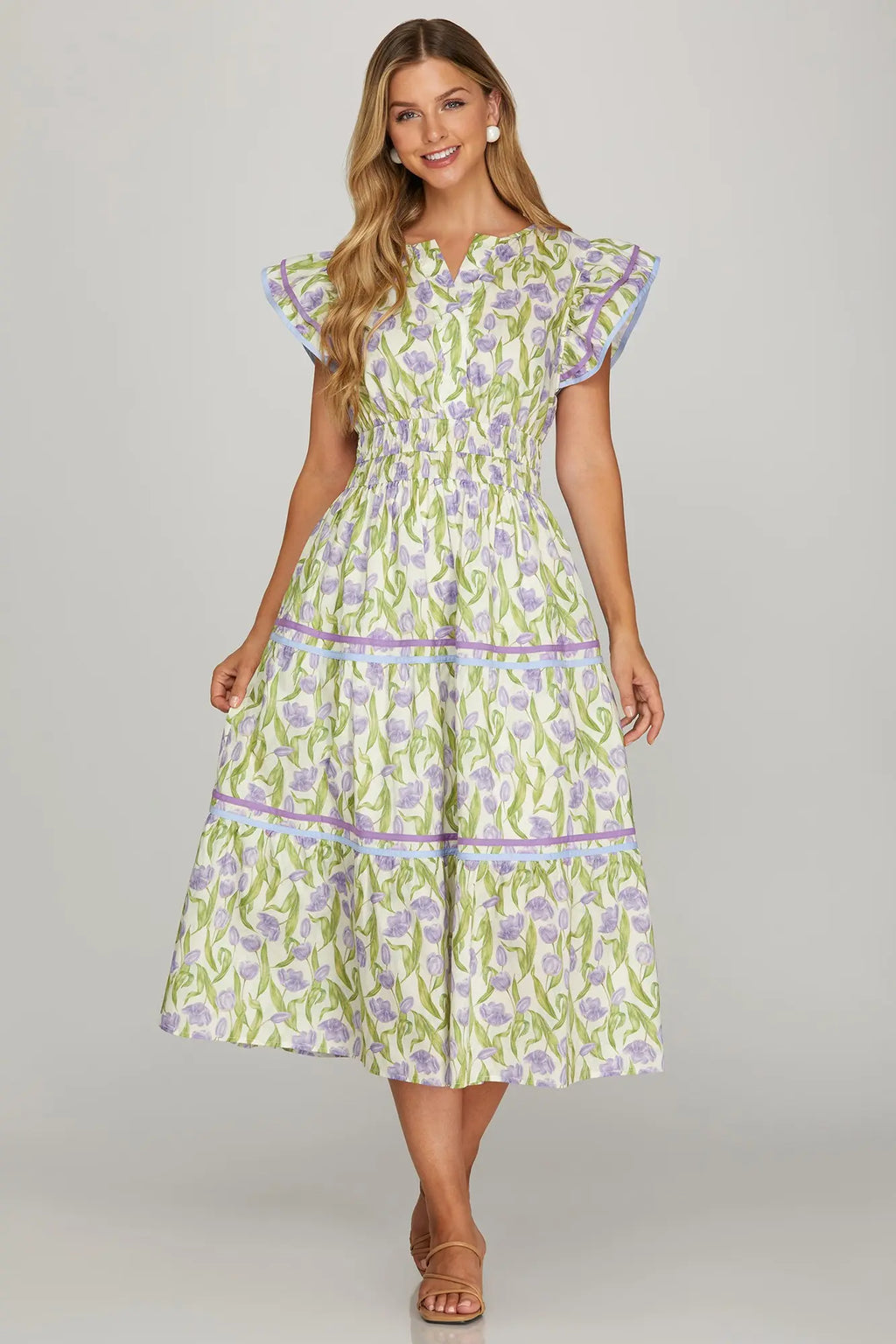 Lilac Floral Tiered Midi Dress