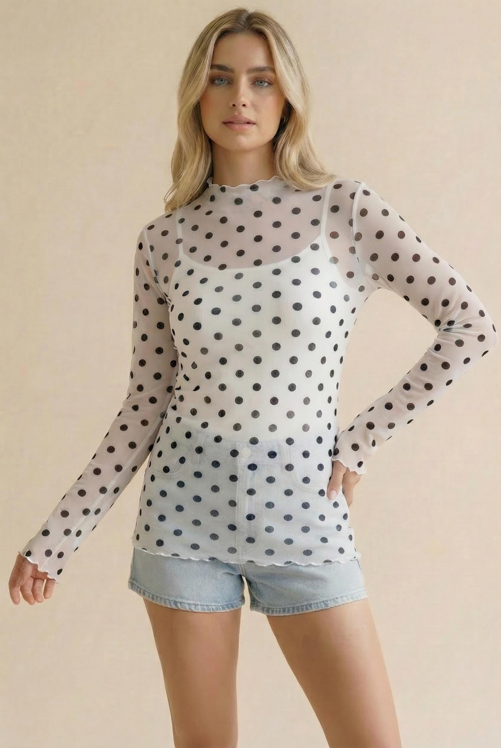 Ivory/Black Polka Dot Mesh Top