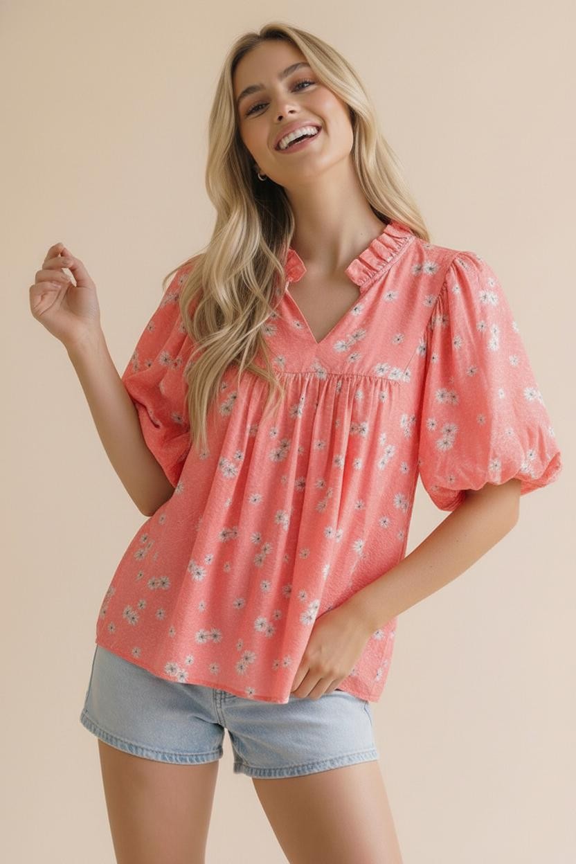Coral Bubble Puff Short Sleeve Top