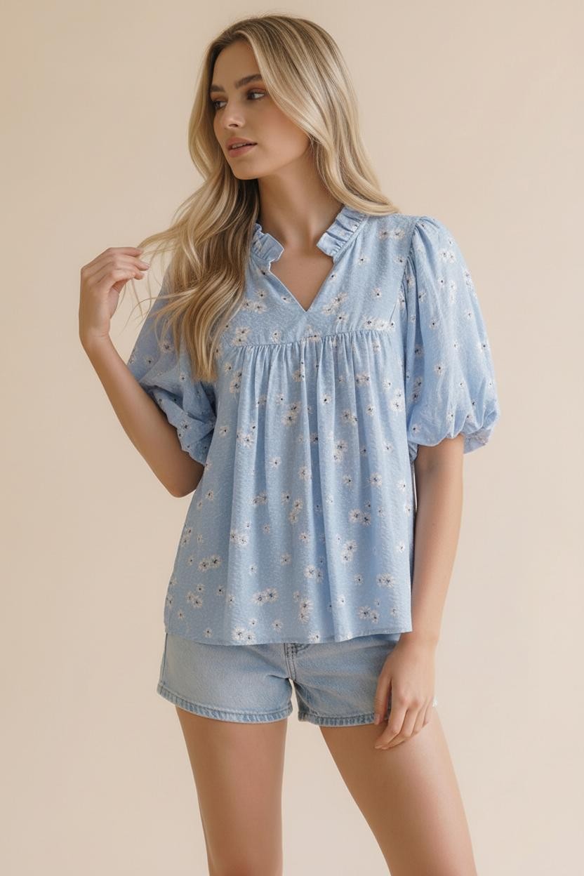 Light Blue Bubble Puff Short Sleeve Top
