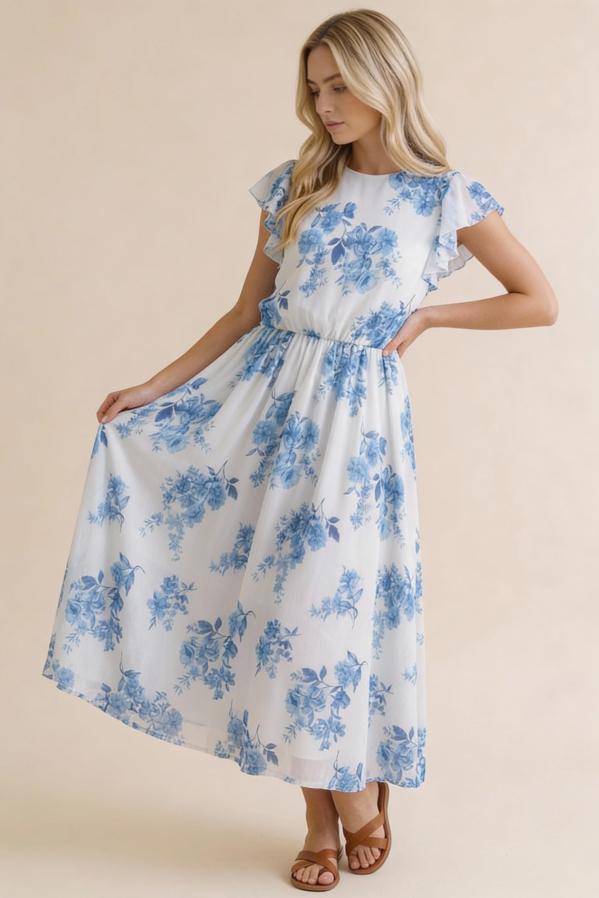Mesh Lined Blue Floral Dress