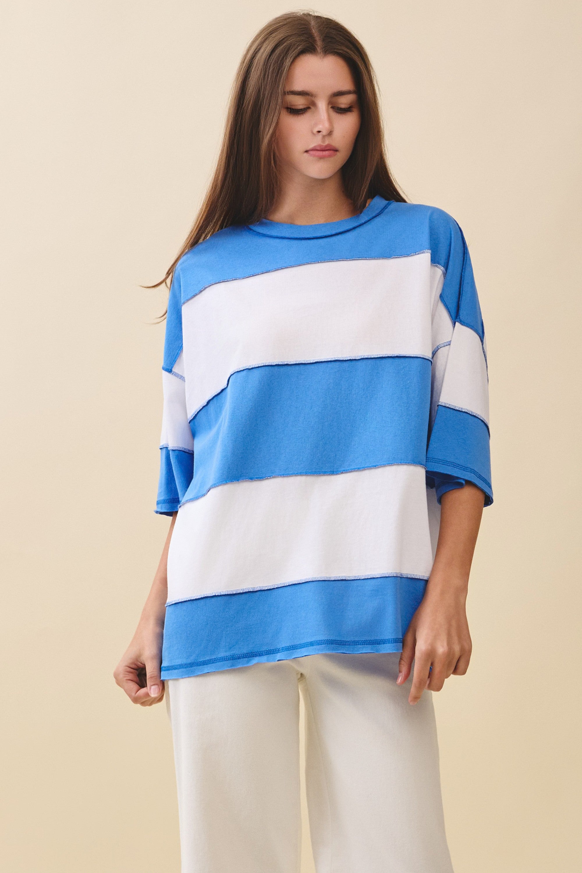 Ocean White Polly Color Block Top