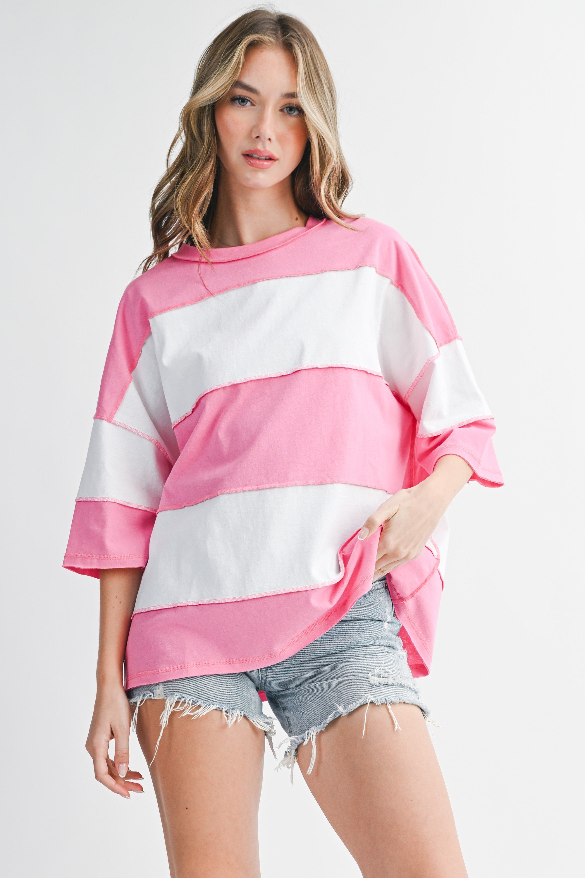 Pink White Polly Color Block Top