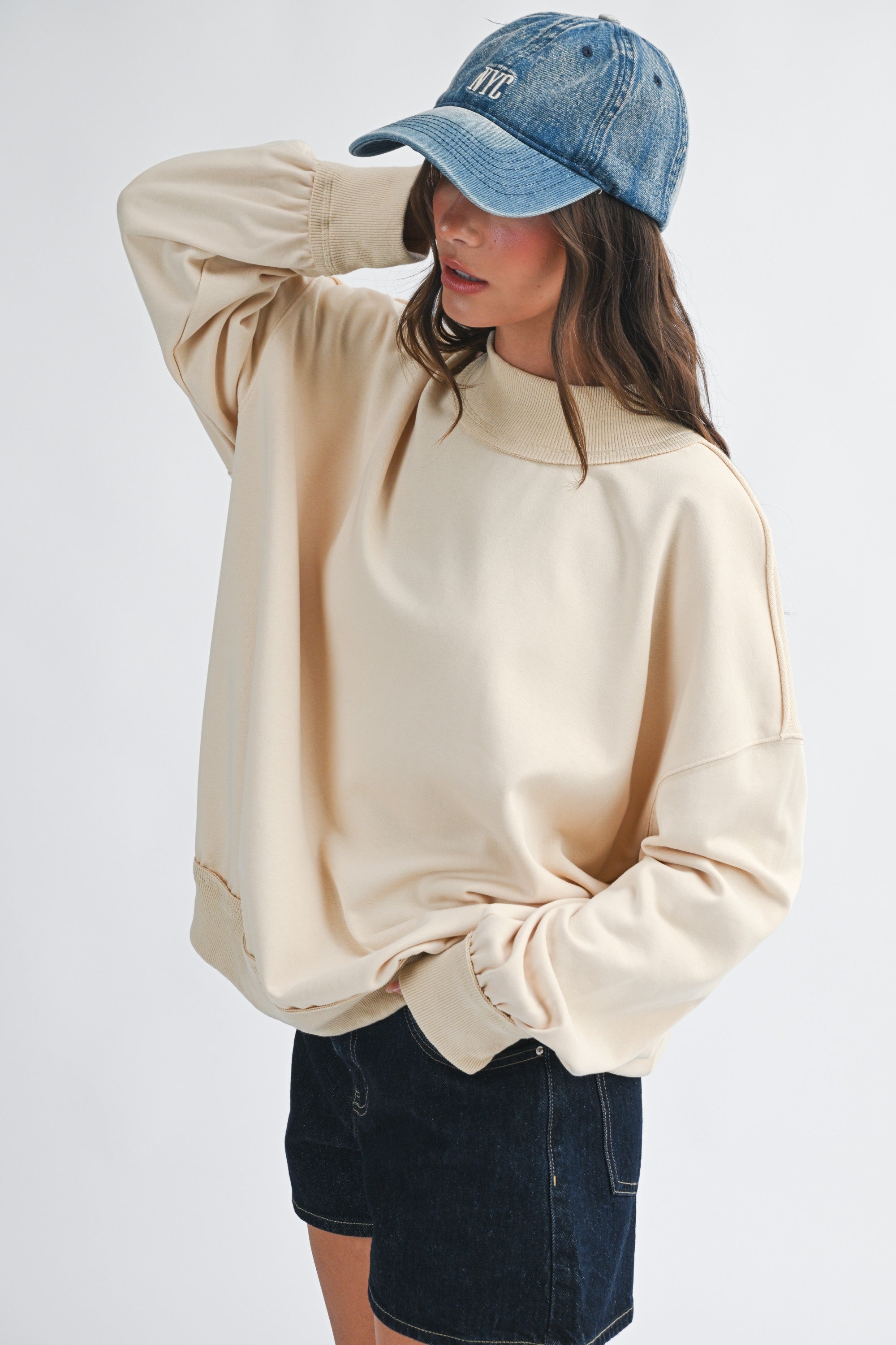 Oatmilk Oversized Mock Neck Washed Sweatshirt