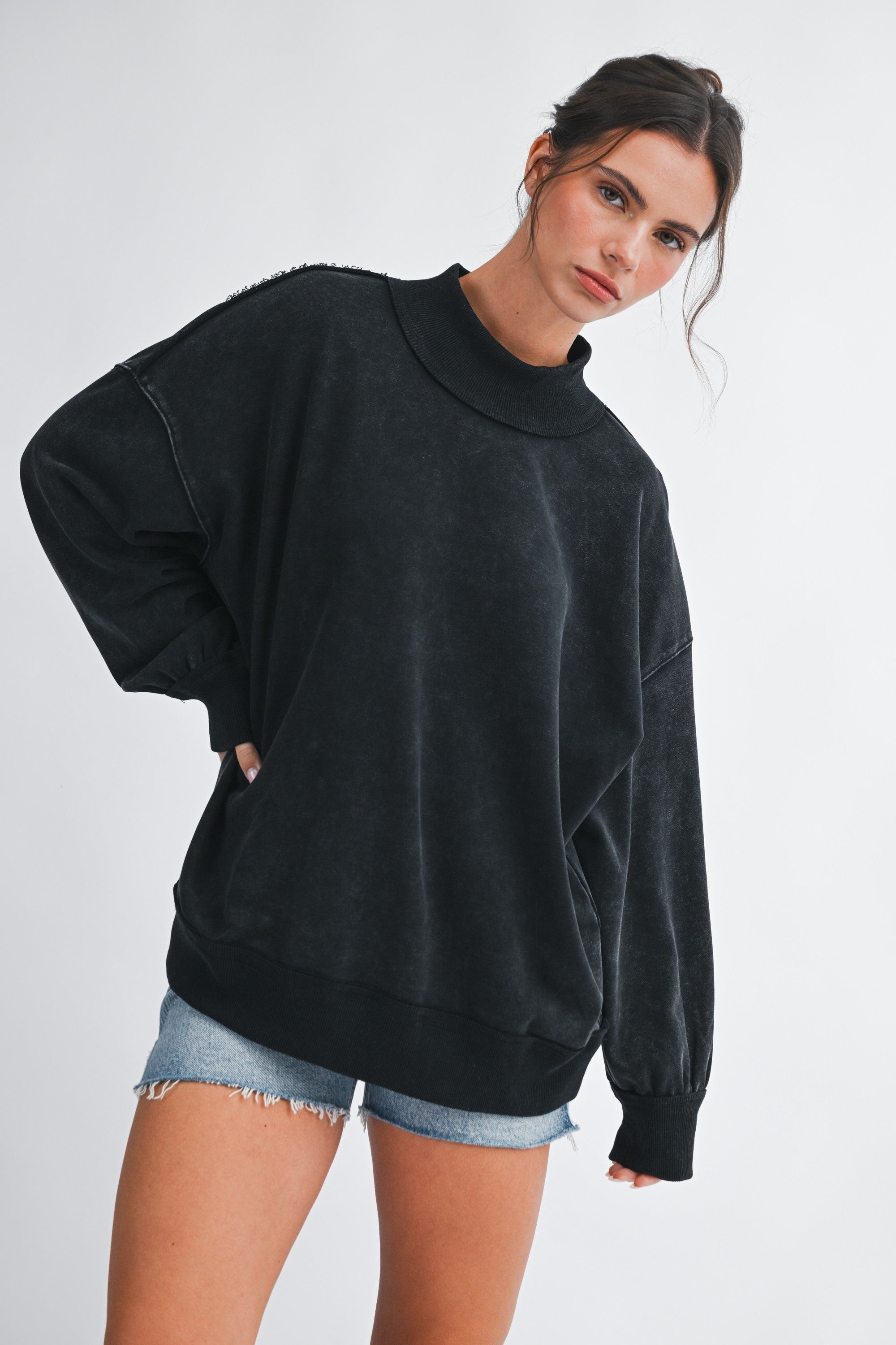 Black Oversized Mock Neck Washed Sweatshirt