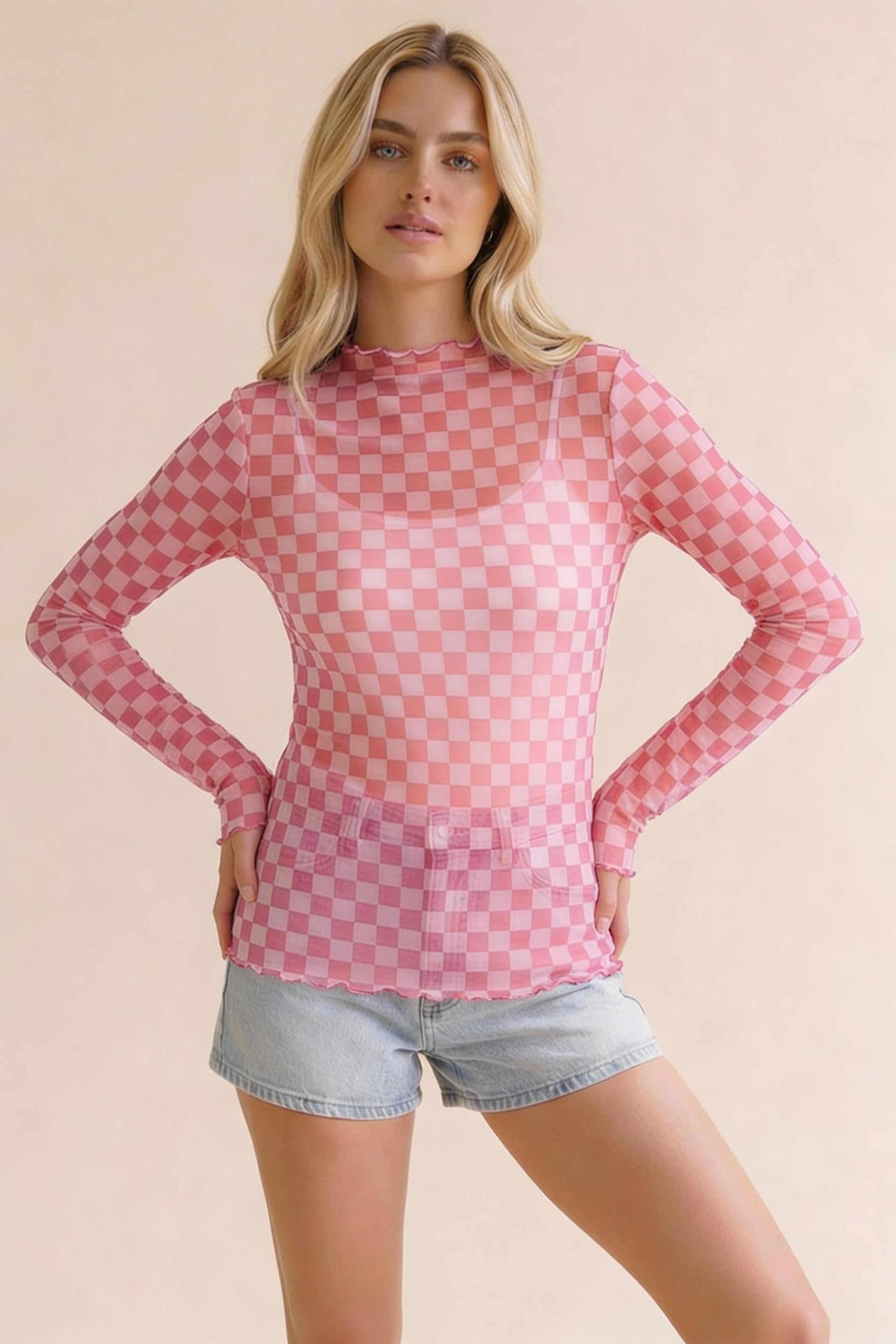 Pink Checkered Mesh Top